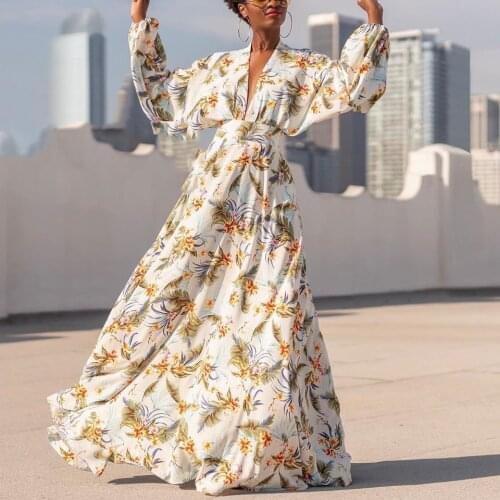 Sexy Dress For Women 2020 Maxi Dresses Print Deep V Casual Long Sleeve With Belt Robe Long Dress Elegant Puff Sleeve Vestidos