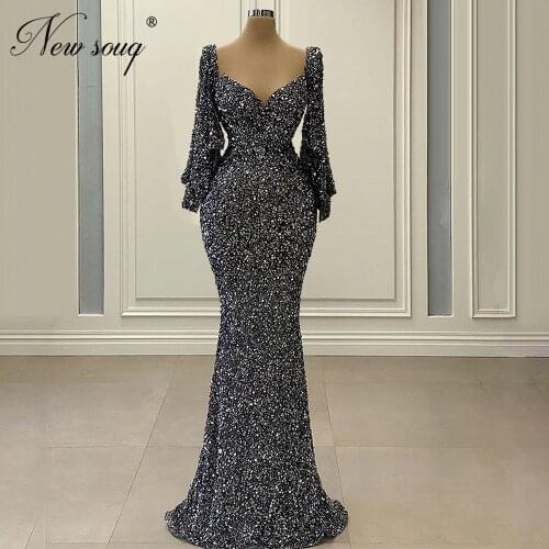 Middle East Sequins Evening Gowns Beaded Mermaid African Prom Dresses 2020 Robe De Soiree Long Sleeve Formal Party Night Dress