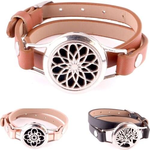 25mm Metal Essential Oil Diffuser Bangles Leather Bracelet Women Aromatherapy Locket With Free Pads