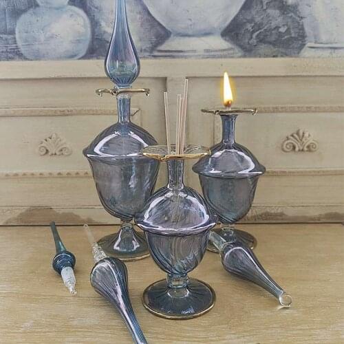 3 Pcs Functional Use Bottles Handmade Blown Glass Body Fragrance Bottle, Oil Lamp Bottle, Aroma Oil Bottle, Aroma Oil Diffuser Rattan Sticks Perfume Volatiles Refills Sticks and Oil Lamp Mechanism and 3 Pieces Bottles