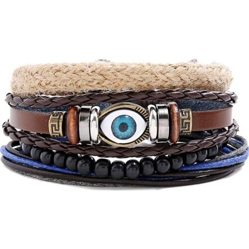 4Pcs/Set Diy Combination 4-piece Eye Leather Bracelet Retro Braided Hemp Rope Mens Bracelet