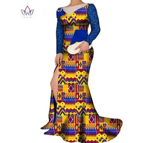 African Dresses for Women Bazin Riche Patchwork Wax Print Evening Long Sleeve Dresses Dashiki Women African Clothing WY7849