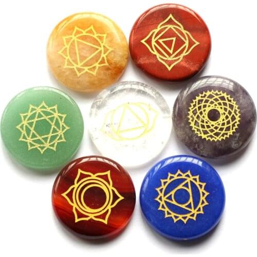 7 PCS Chakra Stones with lapis lazuli 25MM Engraved Symbols Polished Palm Stone Reiki Crystal Healing Natural Stone Divination