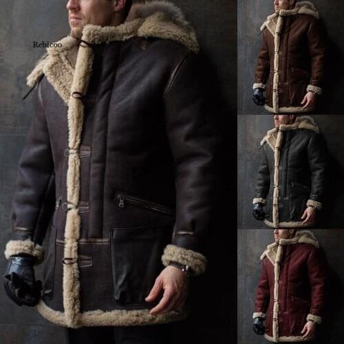 Mens Solid Color Fur One-Piece Hooded Single-Breasted Coat with Zipper Pockets Loose Warm Cotton Coat