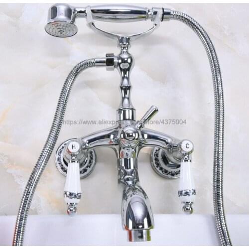 Wall Mounted Bathtub Faucet Double Handle Polished Chrome Mixer Tap Bath Shower Faucets With Hand Shower Nna216