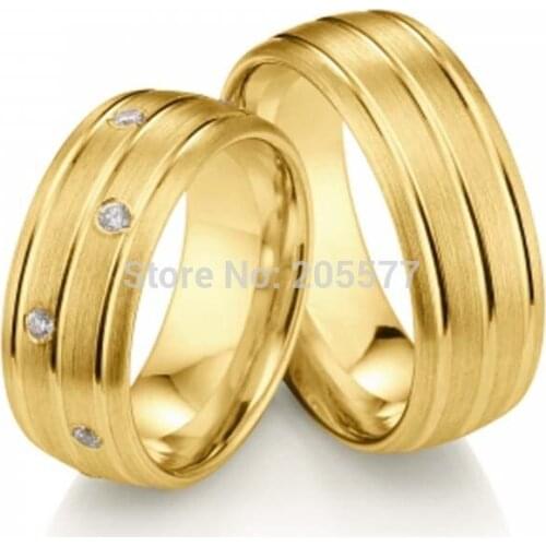 2014 new design model gold plating 8mm big titanium cz stone engagement wedding bands couples rings sets men and women