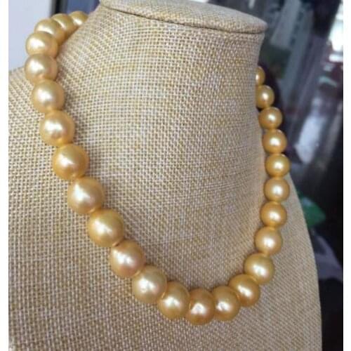 Huge 10-12mm south sea gold pearl necklace 18inch 14k/20