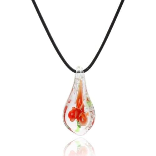 Waterdrop Shape Art Lampwork Murano Glass Pendant Necklace with Flowers Inside Women Girls Summer Jewelry Luminous in the dark