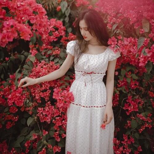 Dress For Women Summer Vintage Elegant Red Polka Dot Dress Korean Fashion Lolita Sweet 100%Cotton White Dress Mesh Midi Dress