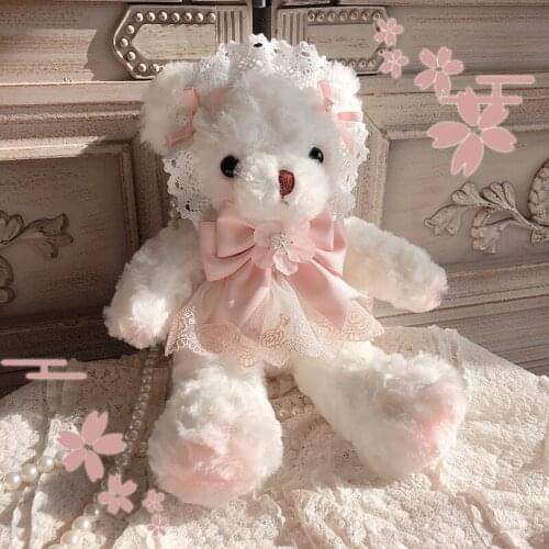 Cherry Blossom Bear Lolita Girl Plush Hangbag Shoulder Bag Small Purse Bag Lace Strap Handmade Little Bag Sakura Pink Sky Blue