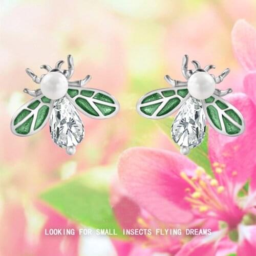 New sterling silver ms insects bees inlay zircon pink green enamel earrings personality fashion jewelry