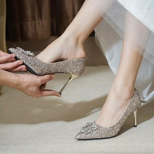 Wedding Shoes Womens 2020 New Bridal Shoes Rose Gold Bridesmaid High Heels Thin Semi-High Heeled Wedding Crystal Shoes