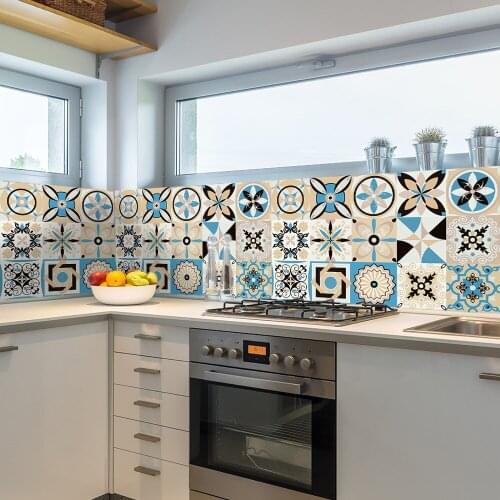 Bohemian Style Strip Retro Pattern Ceramic Tiles Wall Sticker Stairs Kitchen Bathroom Decor Wall Decals PVC Oil-proof Art Mural