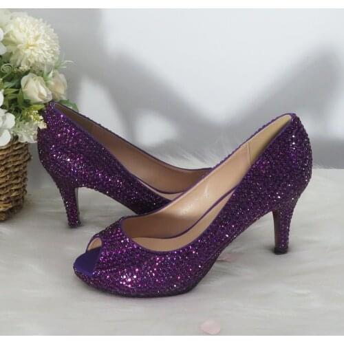 BaoYaFang Purple Crystal women wedding shoes Bridal Open Toe High heel Pumps fashion shoes Woman Shallow Fish Toe Thin Heel Shoe