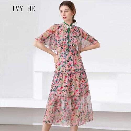 IVY HE High Quality Summer Dress Woman Clothing Elegant Chiffon Print Ruffles Midi Long Dress Traf Robe ZA Vintage Party Dresses