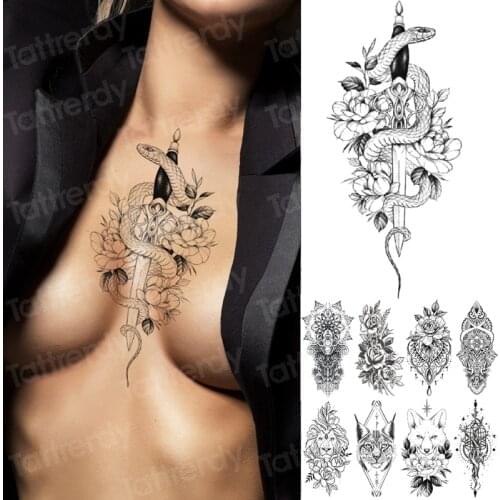 Snake Flower Rose Waterproof Temporary Tattoo Sticker Flash Tattoo Lace Fox Lion Body paint Arm Fake Forearm Tatoo Women Mermaid
