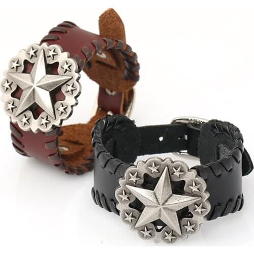 Star Design Punk Cuff Bangle Fashion Vintage Brown Rock Genuine Wide Leather Bracelets Women Men Jewelry Accessories