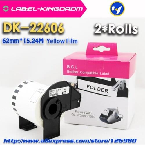 2 Rolls Compatible DK-22606 Yellow Film Label 62mm*15.24M Continuous Compatible For Brother Printer Come With Plastic holder