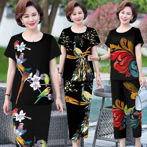 2021 Summer Suit Middle-aged Women Plus Size Short-sleeved Print Tops + Pants Suit Grandmother Fashion Loose 2 Pieces Suits L446