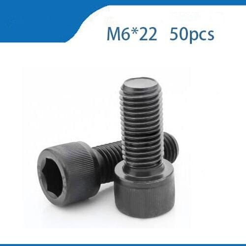 50pcs M6*22 Black Alloy Steel Metric All Thread Hex Socket Head Cap Screw Bolt M6X8/10/12/16/22 m6 screw