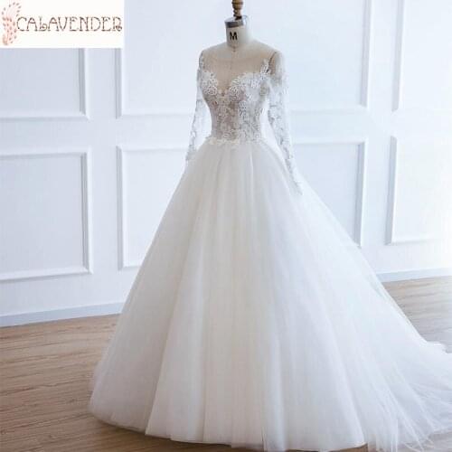 Long Sleeve Wedding Dress Ball Gown Illusion Neckline robe de mariee Appliques Lace Up Back Bride Dress Wedding Gowns