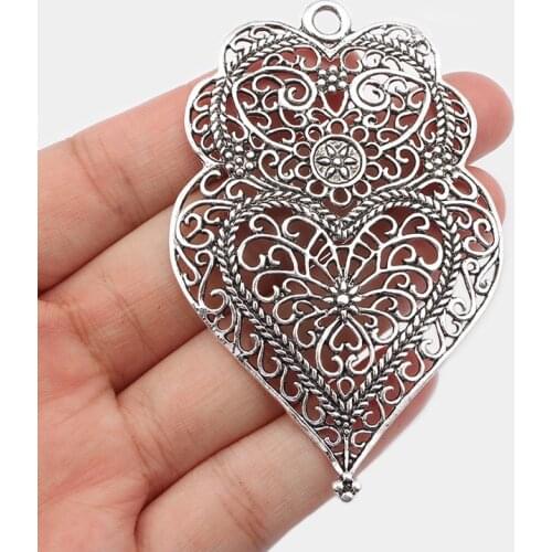 4PCS Large Hollow Filigree Charms Antique Viana Heart Pendant for Necklace Earring Jewelry Findings Making 74x49mm