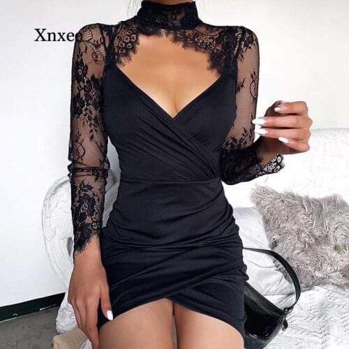 Black Sexy Lace Spliced Dress Ladies Slim Hollow Out Mini Party Dress Long Sleeve Women Elegant Asymmetry Hem Dresses