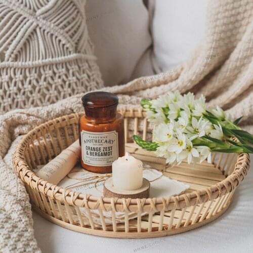 Wooden round tray Simple retro handmade rattan household bathroom tray