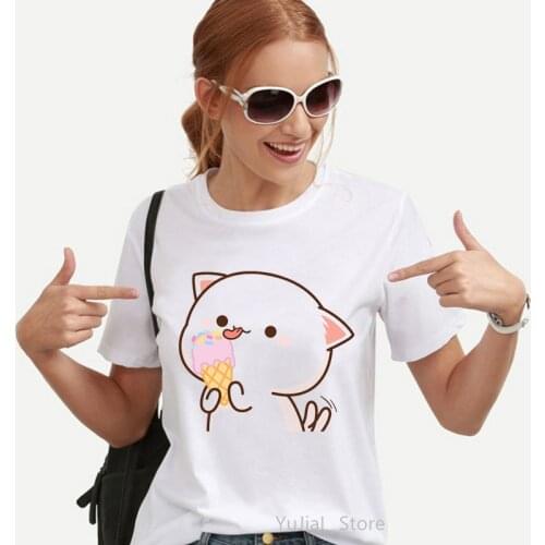 Peach And Goma Mochi Cat Love Ice Cream Cartoon Print Tshirt WomenS Clothing Funny Vogue T Shirt Femme Harajuku Kawaii Clothes