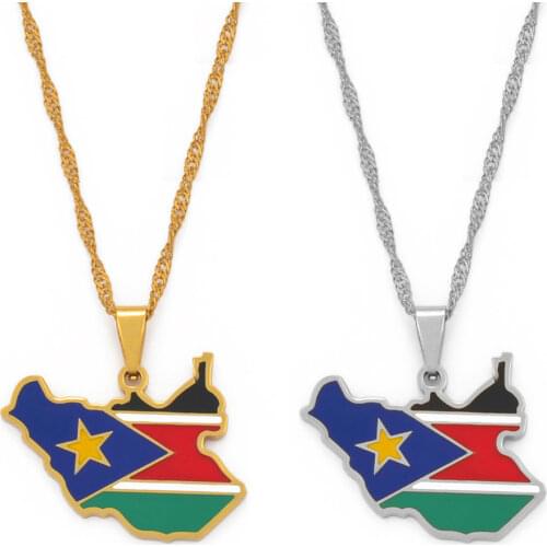 Anniyo South Sudan Map Flag Pendant Necklaces Silver Color/Gold Color Jewelry South Sudanese Maps Ethnic Gifts #098721