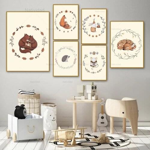Cartoon Animal Canvas Painting Deer Rabbit Fox Squirrel Hedgehog Mouse Wall Art Nordic Poster Pictures Baby Kids Room Decor