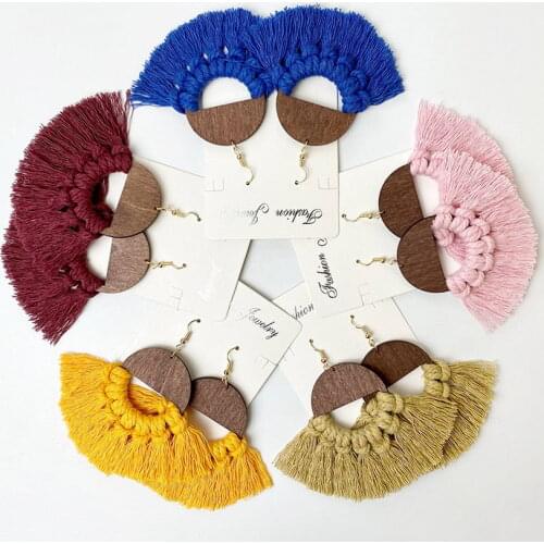 Trim Round Wood Cotton Macrame Fan Fringe Earrings Handmade Blue Braid Tassel Earrings 2021 New Boho Earrings Jewelry Wholesale