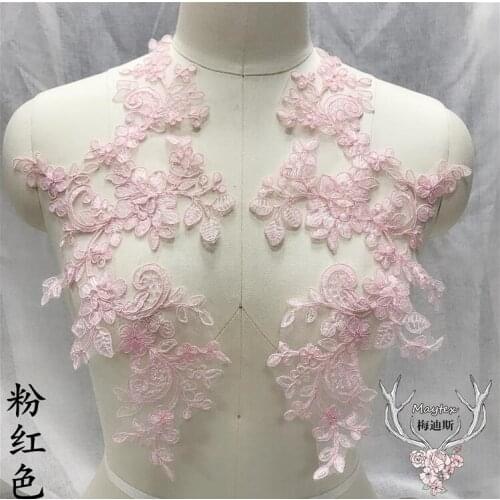 2 Pieces/1 Pair 34*18cm Pink Off White Burgundy Blue Wedding Dress Applique DIY Bride Hair Accessories Lace Patch Lace Flower