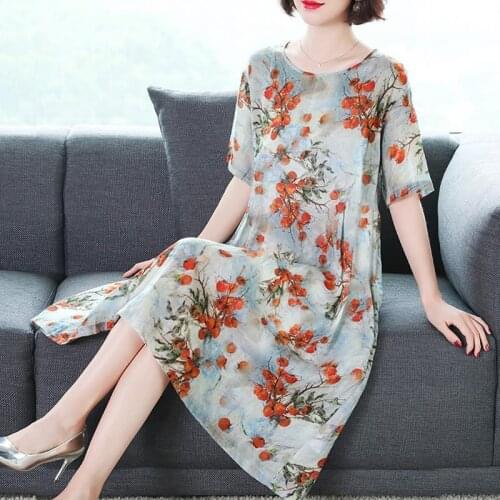 Summer Dress Ice Silk Plus Size Temperament Flower Print Short Sleeve Vintage Elegant midi Dresses Party Vestidos Femme Y319