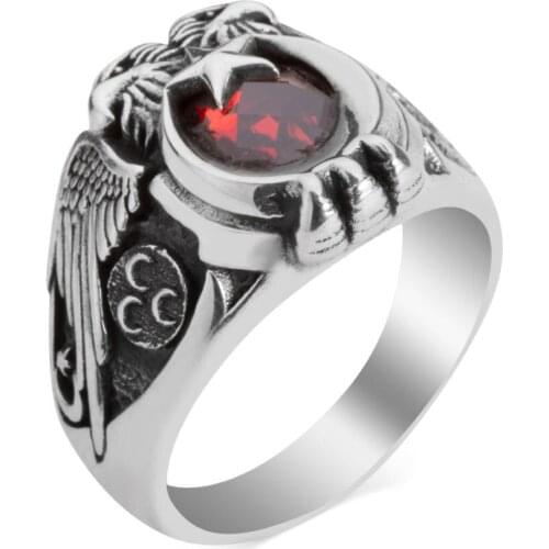 Double Eagle Men Ring Red Zircon Gemstone Ring Moon and Star Motif Ring Vintage Jewelery 925K Silver