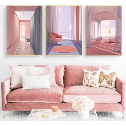 Door Sofa Bed Swimming Pool Pink Building Wall Art Canvas Painting Nordic Posters And Prints Pictures For Living Room Home Decor