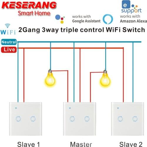 3pcs EweLink APP EU Standard 2 Gang 3 Way WiFi Wall Light Touch Switch 95-240V AC Switch Support Google Home/Alexa Voice Control