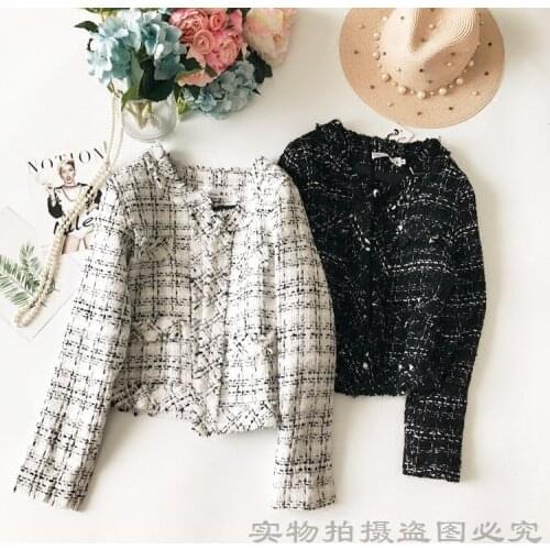 Autumn winter vintage small fragrancer tweed short coat women o-eck slim top jacket