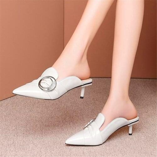 S Fashionable personality new spring and autumn pointed high-heeled metal buckle accessories stiletto heel ladies slippers