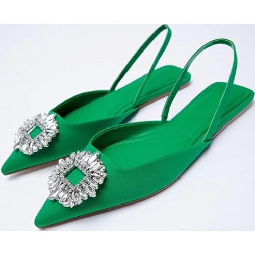 Flats Sandals Women Summer 2021 Pointed Flats Slippers With Diamond Fairy Temperament Green Silk Elegant Sandalias Mujer Shoes