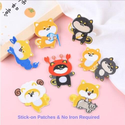 Cute Shiba Inu Embroidery Patches Stick-on Scrapbook Decorative Stickers Yellow Black Kawaii Dog Appliques Self-adhesive Patch
