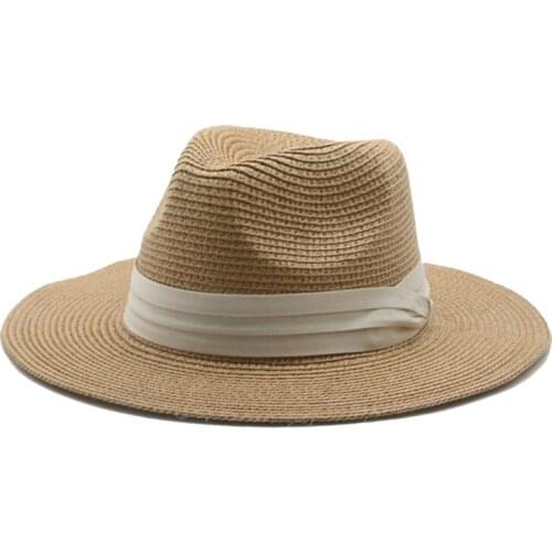 Summer hats sun straw men women solid belt band casual women hats outdoor black khaki camel beach travel handmade women sun hats