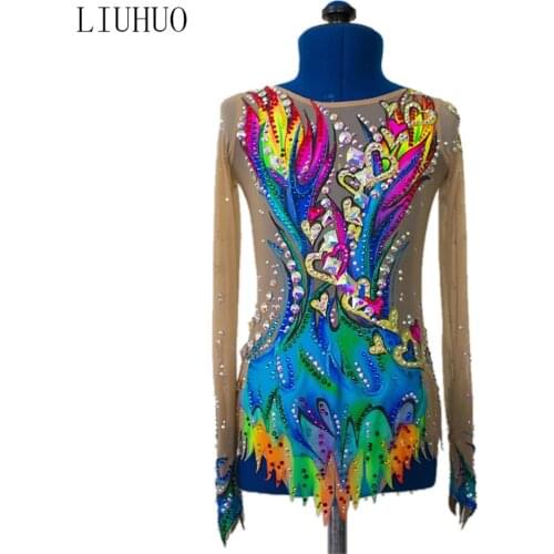 LIUHUO Womens Girls' performance Rhythmic gymnastics competition Leotard Artistic Costume Ice Skating Dress Long sleeve Dance