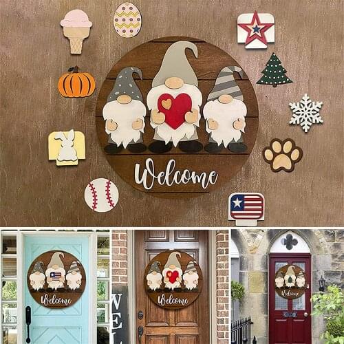 Triple Gnome Interchangeable All Season Welcome Sign In Home Decor Rustic Farmhouse Front Door Hanger for Home Porch Decor D1