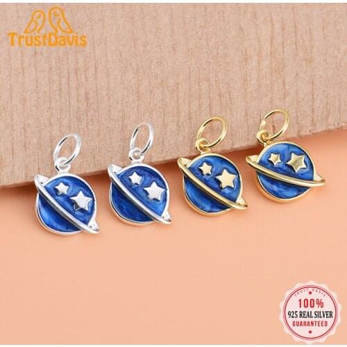 TrustDavis Real 925 Sterling Silver Blue Glaze Planet Star Charm Pendant Handmade DIY Accessories Fine Jewelry Wholesale HY041
