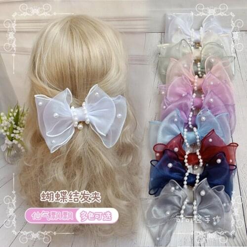 Lolita All-match Hair Accessories Pearl Bowknot Hairpin Large Net Yarn Headdress Sweet Elegant Temperament Girls Horsetail Clip