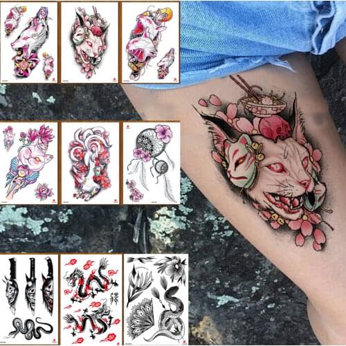Temporary Tattoo Sticker Body Art Ukiyoe Sexy Girl Cat Pink Flower Skull Water Transfer Fake Tatoo Flash Tatto for Women Men