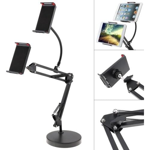 Extendable Double Tablet Cell Phone Holder with Suspension Boom Scissor Long Arm Mount Stand for Broadcast Studio Video Chatting
