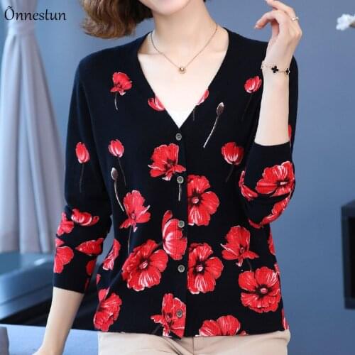 Floral Print Female Cardigan Autumn Spring Knitted Sweaters Women Korean Style Long Sleeve Tops V Neck Cardigans Women