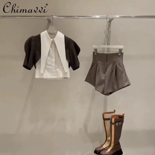 2021 Summer New Fashion Pointed Collar Color Contrast Puff Sleeve Shirt High Waist A- Line Casual Shorts Two-Piece Set for Women